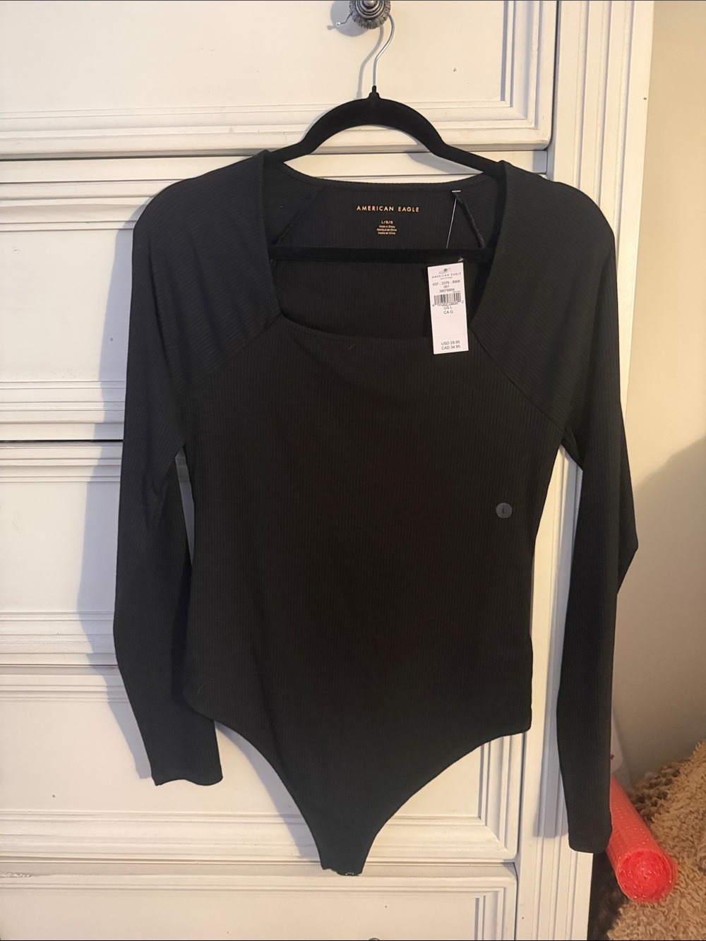 American Eagle Black Ribbed Long-Sleeve Bodysuit